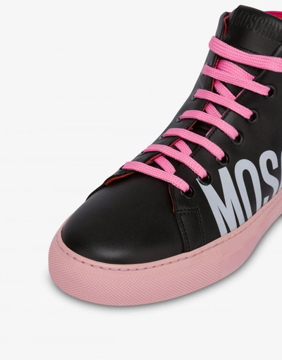 Shop Moschino Maxi Logo Calfskin High Sneakers In Black