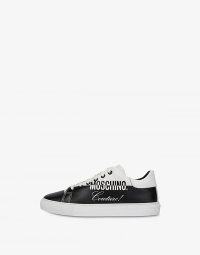 Shop Moschino Black & White Logo Calfskin Sneakers