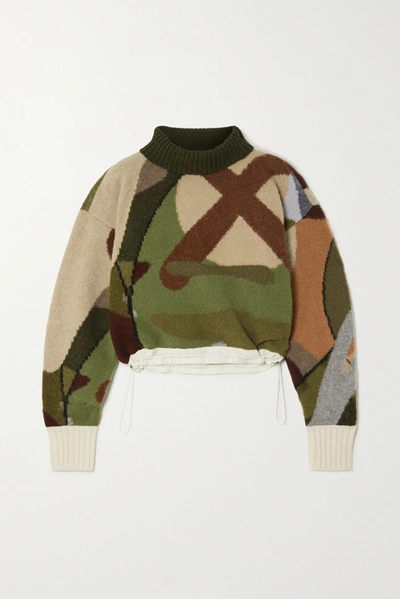 Shop Sacai + Kaws Cropped Shell-trimmed Jacquard-knit Wool Turtleneck Sweater In Green
