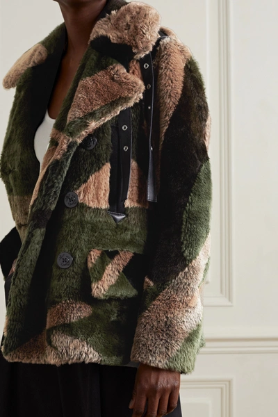 Shop Sacai +kaws Double-breasted Leather-trimmed Printed Faux Fur Coat In Green