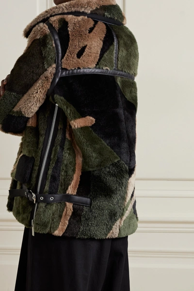 Shop Sacai +kaws Double-breasted Leather-trimmed Printed Faux Fur Coat In Green