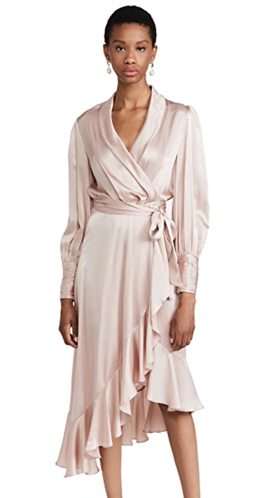 Zimmermann Asymmetric Wrap Silk Midi Dress In Petal