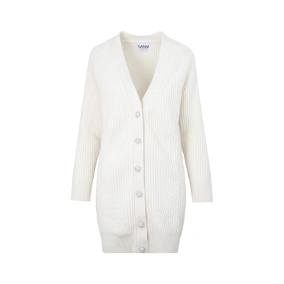 Shop Ganni Recycled Wool Long Cardigan Sweater In White