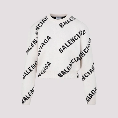 Shop Balenciaga Allover Logo Crewneck Knit Sweater In Multi