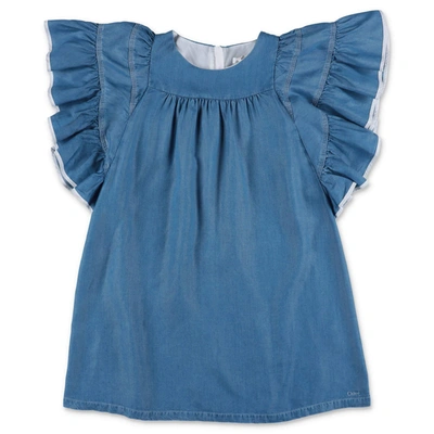 Shop Chloé Kids Ruffled Sleeve Denim Dress In Blue