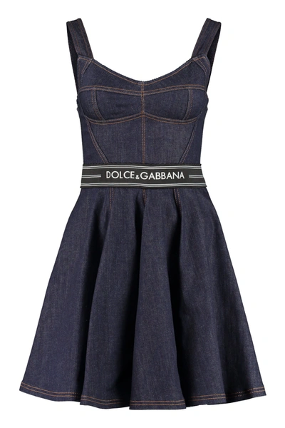 Shop Dolce & Gabbana Logo Band Flared Denim Dress In Blue