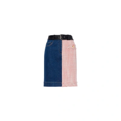 Shop Moschino Denim And Mat Patchwork Skirt In Pink