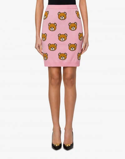 Shop Moschino Allover Teddy Bear Wool Skirt In Pink