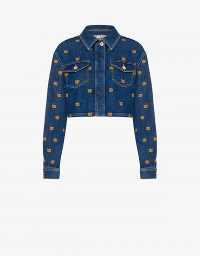 Shop Moschino Teddy Embroidery Denim Jacket In Blue