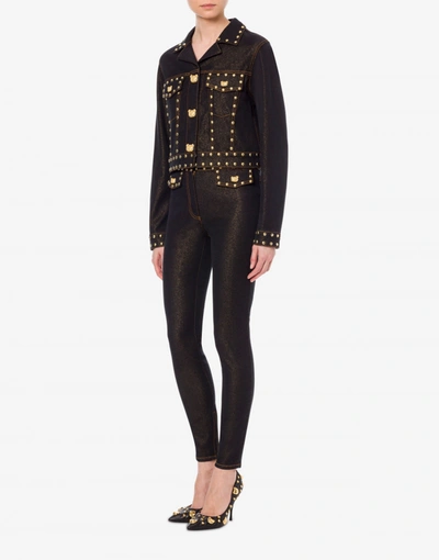 Shop Moschino Teddy Studs Stretch Denim Jacket In Black