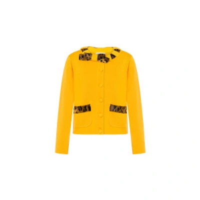 Shop Moschino Leopard Print Details Wool Cardigan In Saffron Yellow