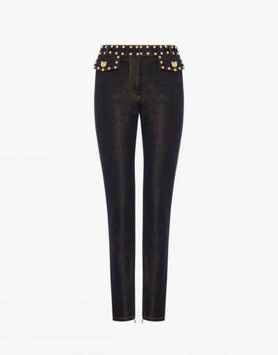 Shop Moschino Teddy Buttons Stretch Denim Trousers In Black