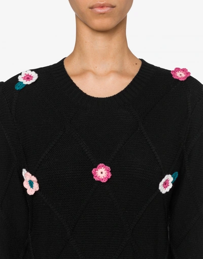 Shop Boutique Moschino Extra-fine Merino Wool Dress With Flowers In Black