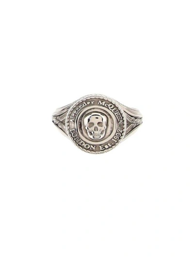 Shop Alexander Mcqueen Medallion Logo Engraved Ring In Silver