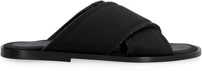 Cross-strap Canvas And Leather Slides In Black