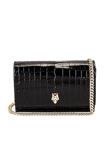 Alexander Mcqueen Skull Small Embossed Croc Leather Crossbody Bag In Black