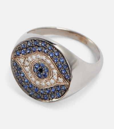 Shop Ileana Makri Dawn Chevalier 18kt Gold Ring With Diamonds And Sapphires In Silver