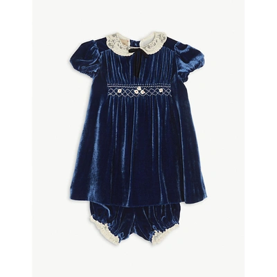 Shop Gucci Old Marin Bluett/mix Bow-embellished Velvet Dress And Shorts 24 Months