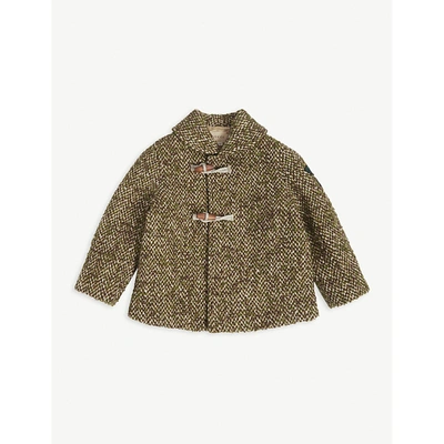 Shop Gucci Green/brown/mc Logo-patch Herringbone Wool-blend Coat 24 Months