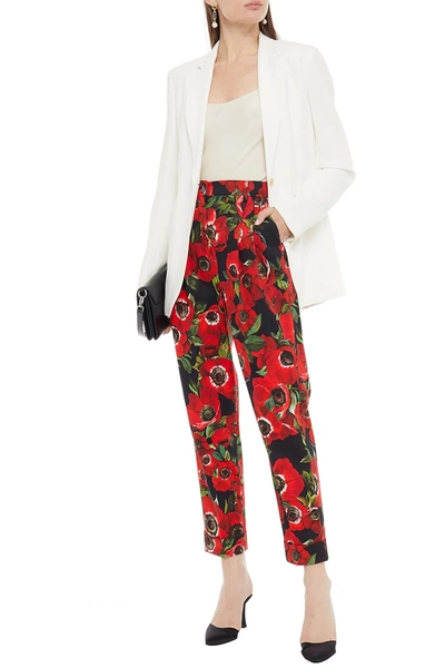 Shop Dolce & Gabbana Pleated Floral-print Cotton-blend Tapered Pants In Red