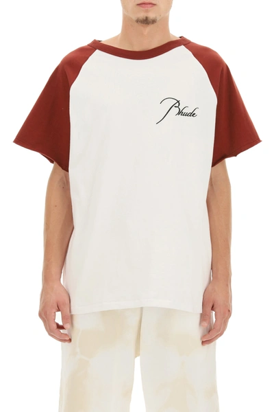Shop Rhude T-shirt With Logo Embroidery In White Maroon (white)