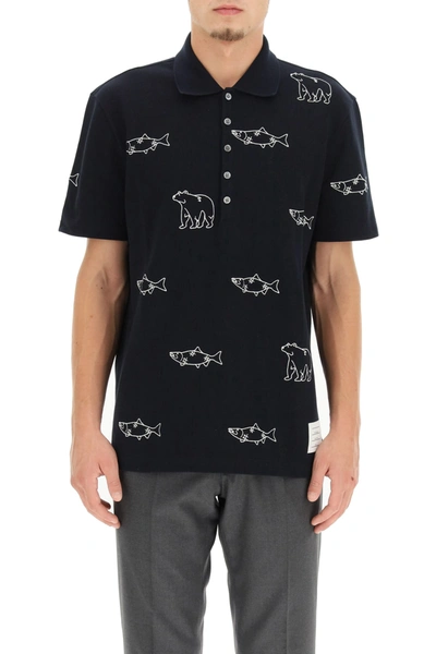 Shop Thom Browne Bear And Salmon Polo In Navy (blue)