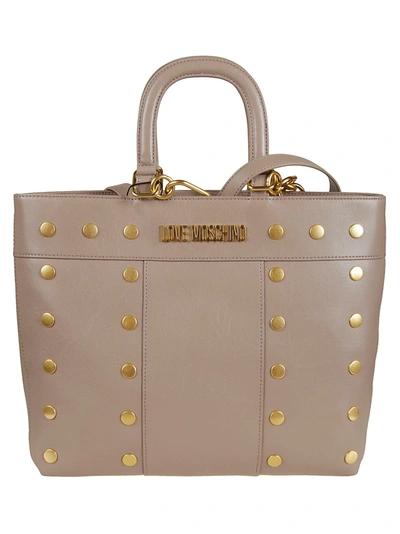 Shop Love Moschino Studded Top Handle Chain Tote In Grey