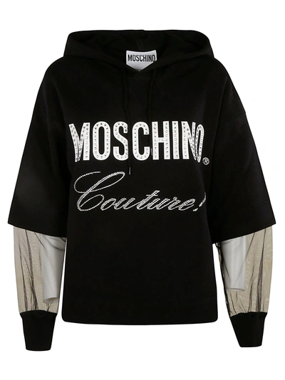 Shop Moschino Layered Couture Logo Hooded Sweatshirt In Black