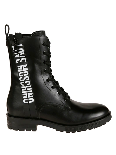 Shop Love Moschino Logo Print Side Zip Lace-up Boots In Black