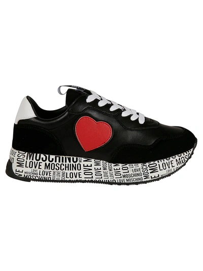 Shop Love Moschino Heart Patched Printed Sole Sneakers In Black