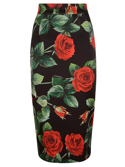 Shop Dolce & Gabbana Rose Print Zipped Skirt In Black