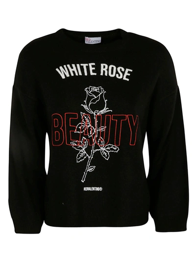 Shop Red Valentino Rose Embroidered Ribbed Sweater In Black