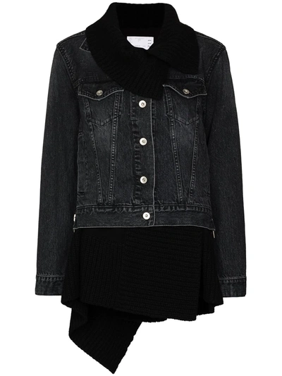 Shop Sacai Hybrid Knitted Wool Cardigan Denim Jacket In Schwarz