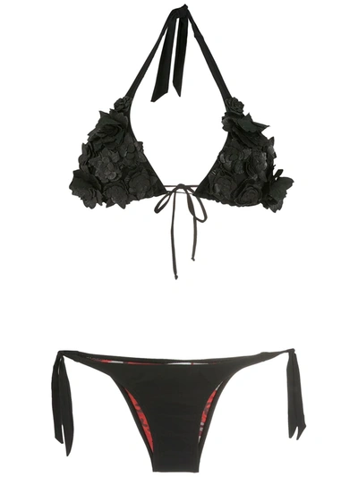 Shop Amir Slama Floral-detail Triangle Bikini Set In Schwarz
