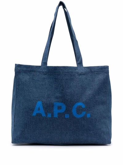 Shop Apc Logo-print Denim Tote Bag In Blau