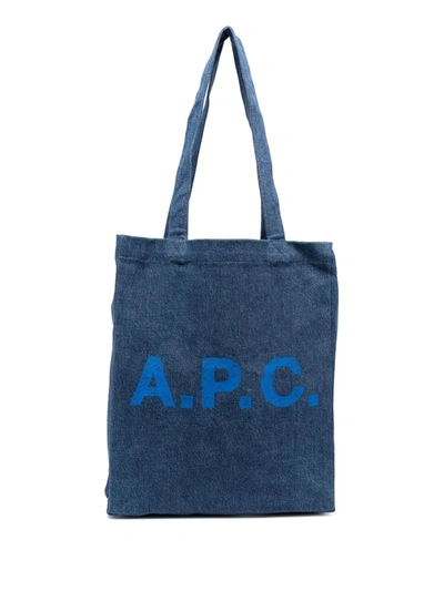 Shop Apc Logo-print Denim Tote Bag In Blau