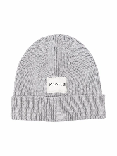 Shop Moncler Ribbed-knit Logo-patch Beanie In Grey