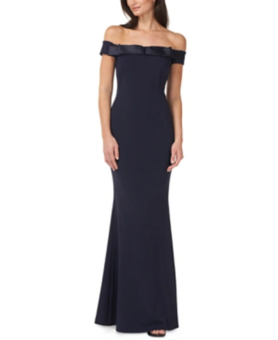 Shop Js Collections Bow-trim Off-the-shoulder Mermaid Gown In Navy Blue