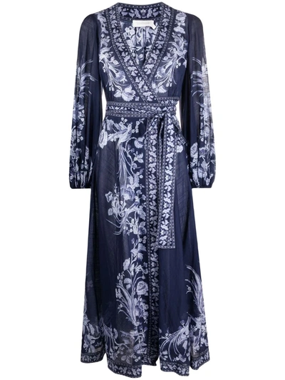 Shop Zimmermann Floral-print V-neck Dress In Blue