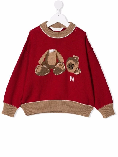 Palm Angels Wool Sweater With Teddy Bear Front Print In Red