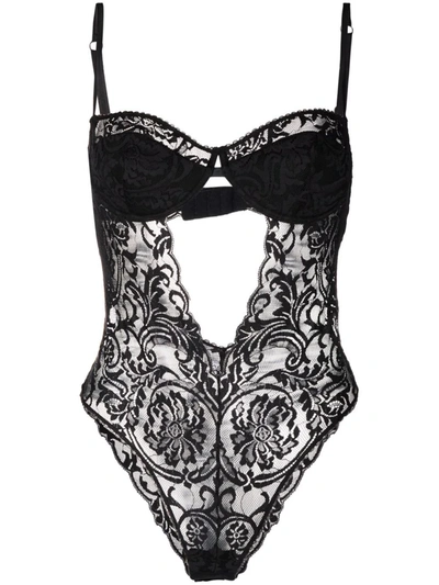 Shop Versace Barocco-lace Semi-sheer Body In Black