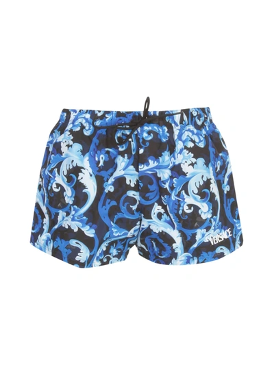 Shop Versace Baroque Printing Shorts Swimwear In Navy Blue Printing