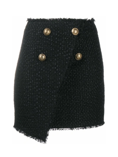 Shop Balmain Asymmetric 4 Btn Tweed Wrap Skirt Style #uf14059x396 In Pa Noir