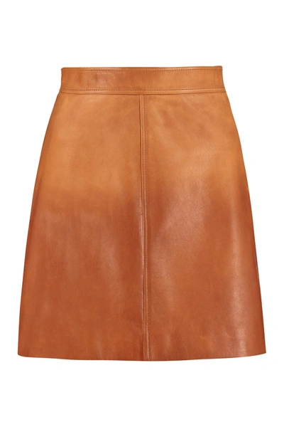 Shop Prada Leather Mini Skirt In Saddle Brown