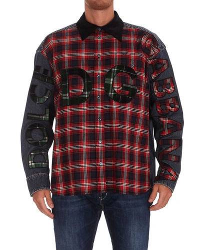 Dolce & Gabbana Oversized Denim And Flannel Shirt With Logo In Red 