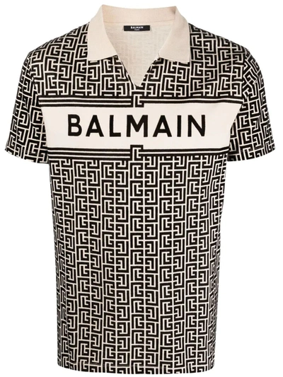 Shop Balmain Ivory And Black Cotton Polo In Nero+beige