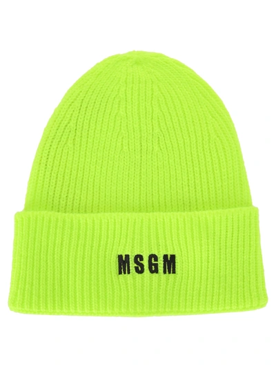 Shop Msgm Embroidered Logo Beanie In Fluo Yellow