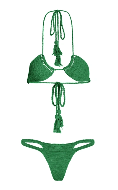 Shop Akoia Swim Ulu Crocheted Cotton Bikini In Green