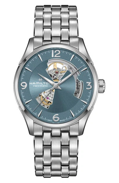 Shop Hamilton Jazzmaster Open Heart Bracelet Watch, 42mm In Blue/silver
