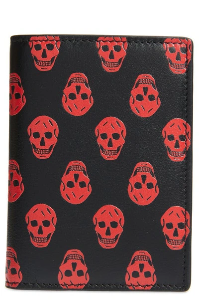 Shop Alexander Mcqueen Skulls Calfskin Vertical Card Case In Black/ Lust Red